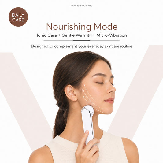 LumiTouch spokesperson using the facial care device in nourishing mode with ionic care gentle warmth and micro-vibration