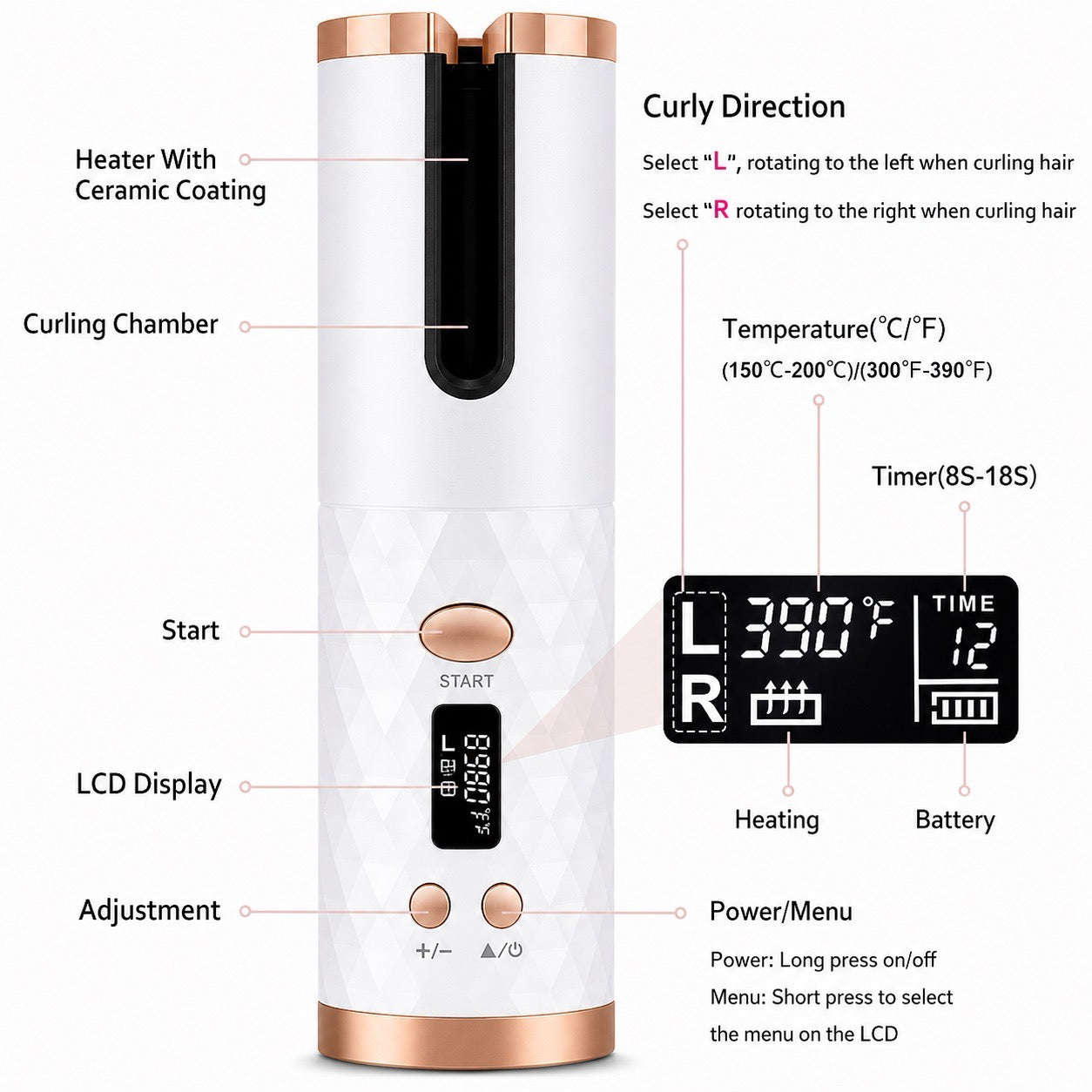 Cordless automatic hair curler with rechargeable ceramic curling technology for effortless salon-quality curls.