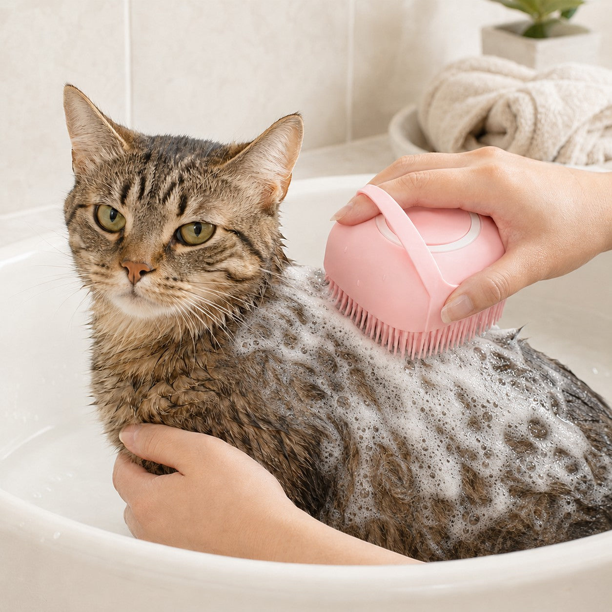 Pink BubblePaw pet bath brush creating rich shampoo foam while washing a tabby cat
