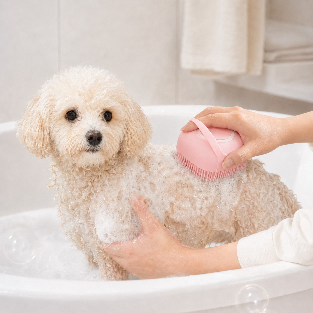 Pink BubblePaw pet bath brush creating rich shampoo foam while washing a dog