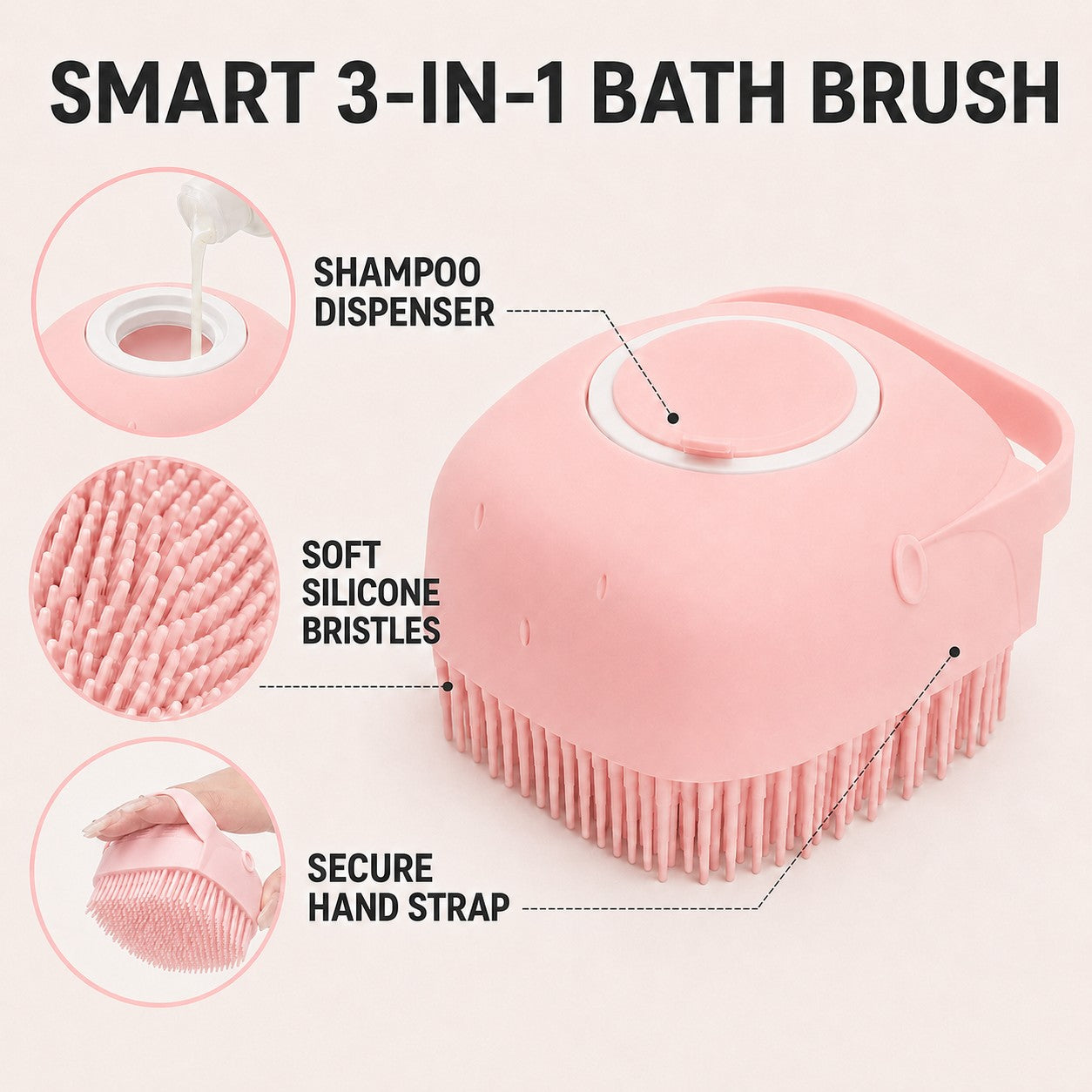 Pink BubblePaw pet bath brush with shampoo dispenser, soft silicone bristles and secure hand strap