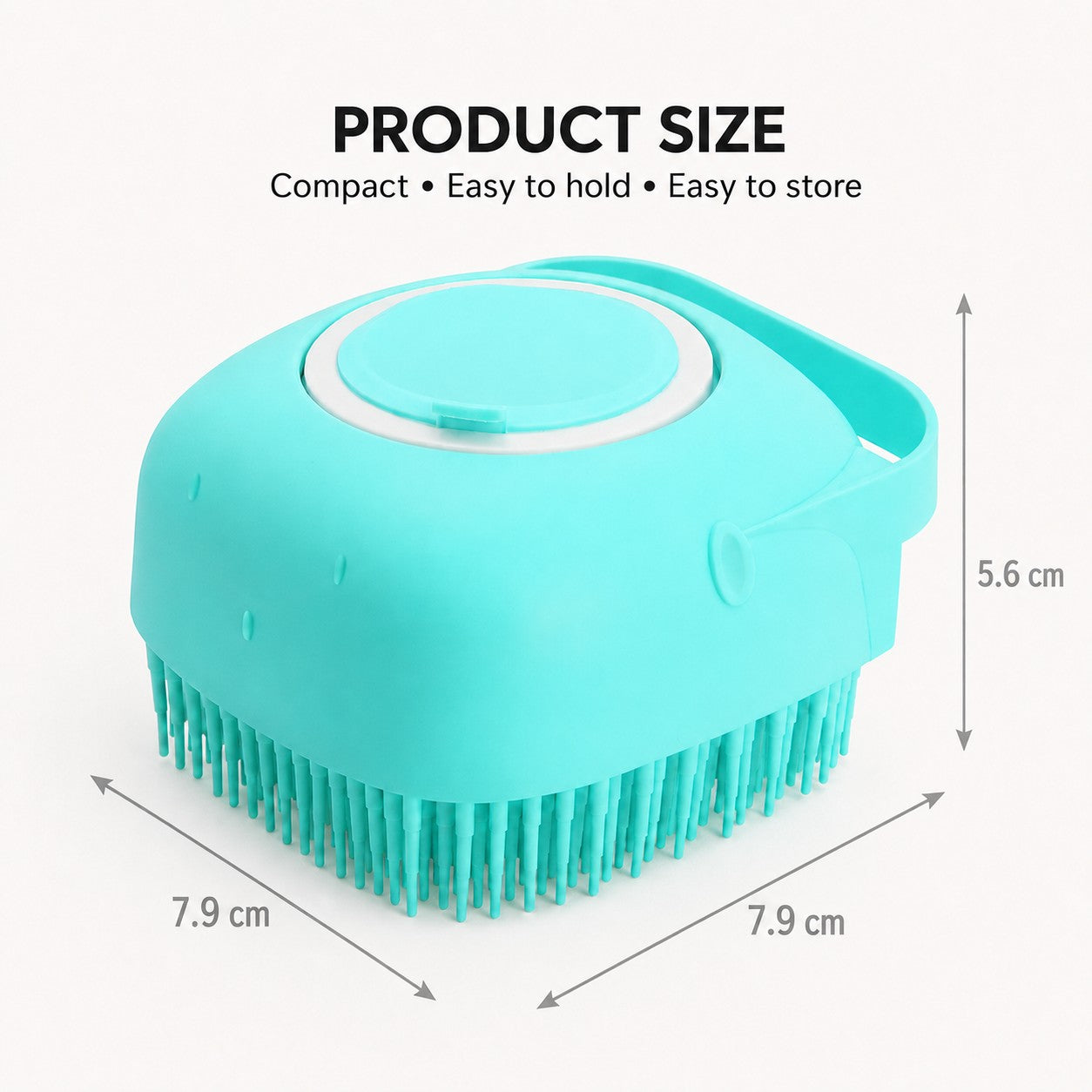 BubblePaw shampoo dispensing pet bath brush in aqua blue, measuring 7.9 × 7.9 × 5.6 cm