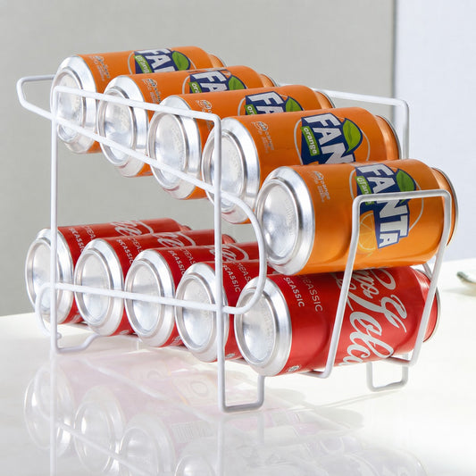 CanRoll white double-layer drink can organiser holding Coca-Cola and Fanta cans in a kitchen cabinet