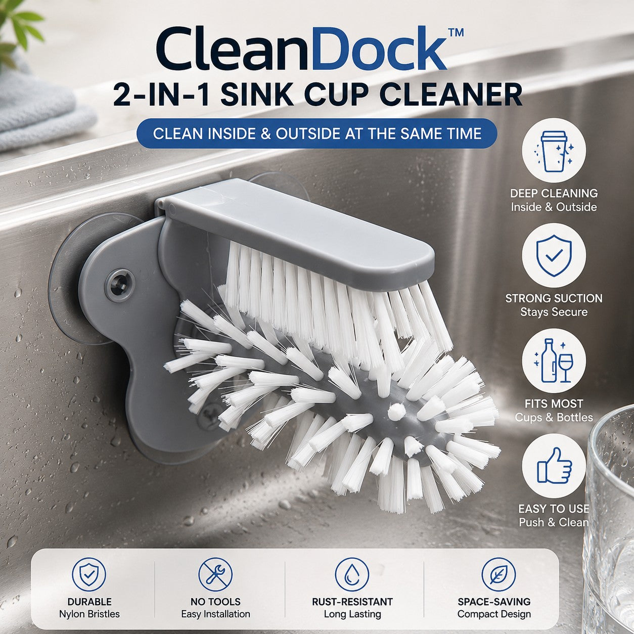 CleanDock 2-in-1 sink cup cleaner with dual brushes and suction mount in a stainless steel sink