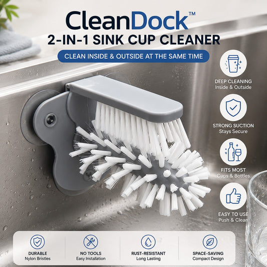 CleanDock 2-in-1 sink cup cleaner with dual brushes and suction mount in a stainless steel sink