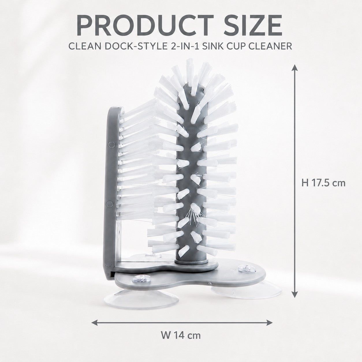 CleanDock 2-in-1 sink cup cleaner size guide showing 17.5 cm height and 14 cm width