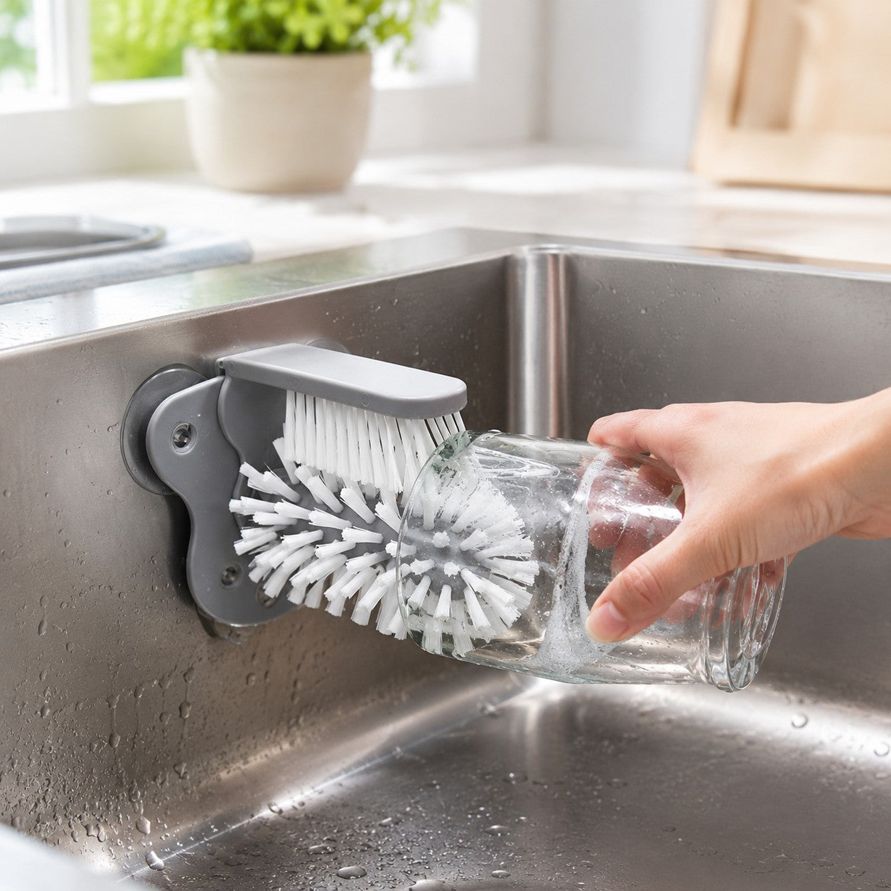 CleanDock sink cup cleaner washing a glass inside a stainless steel kitchen sink