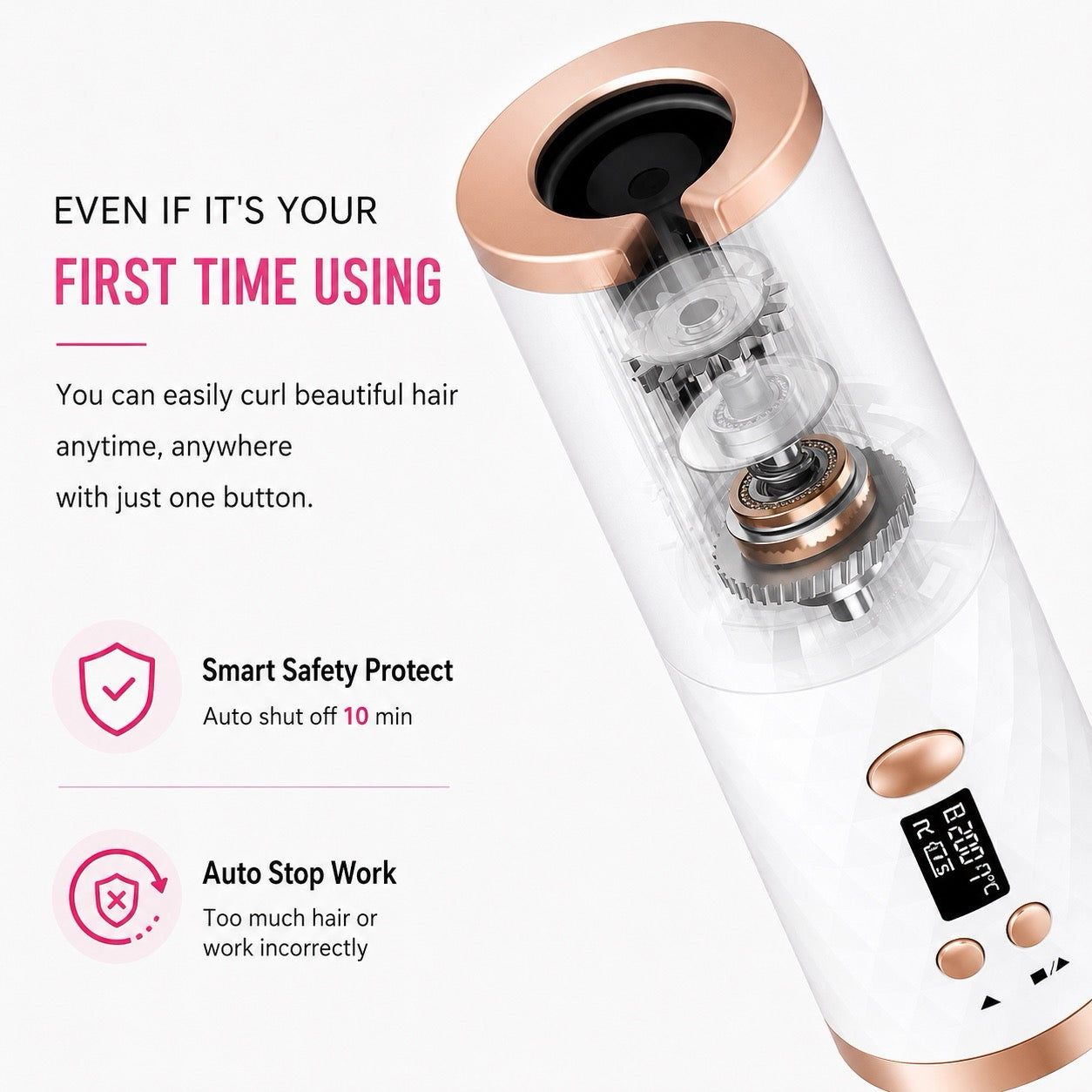 Cordless automatic hair curler with rechargeable ceramic curling technology for effortless salon-quality curls.