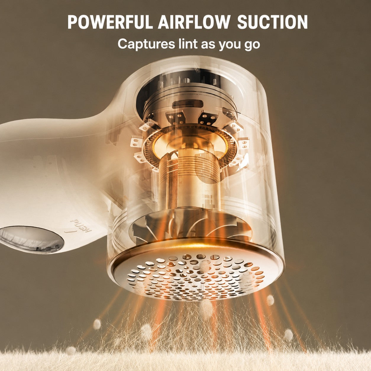 FreshTrim fabric shaver airflow suction system capturing lint from fabric