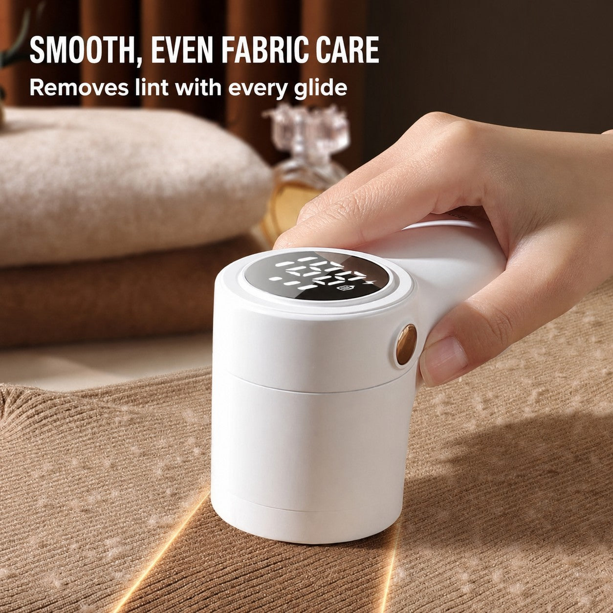 FreshTrim fabric shaver removing lint smoothly from brown fabric