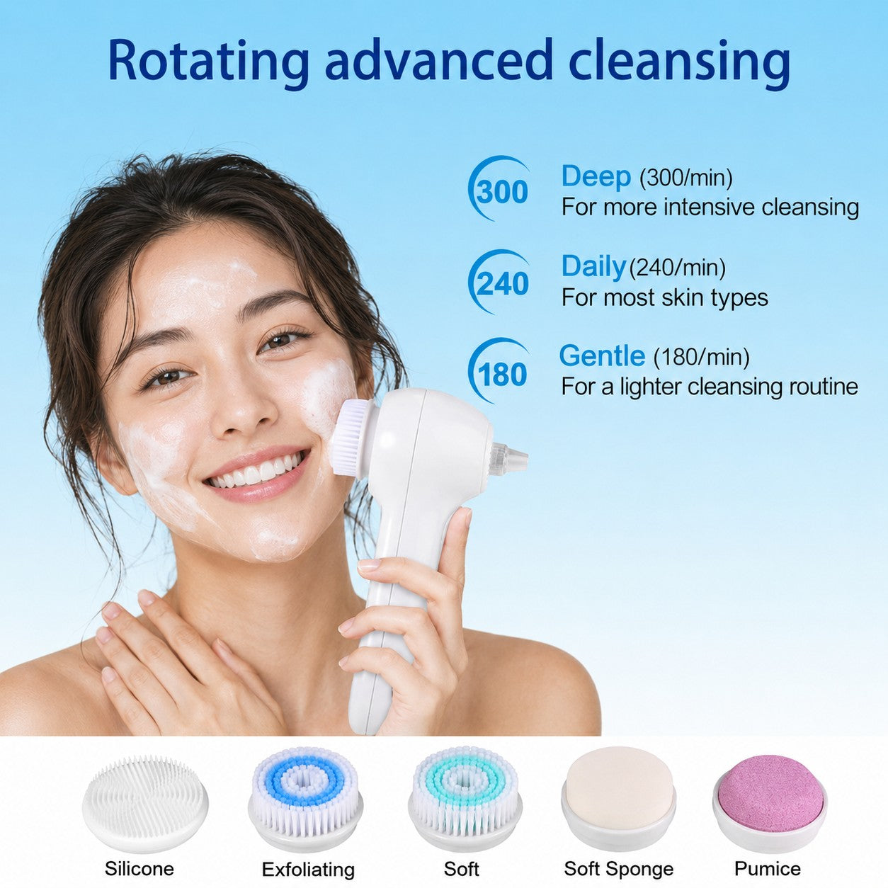 Woman using GlowPure facial cleansing brush with three cleansing modes and five interchangeable heads