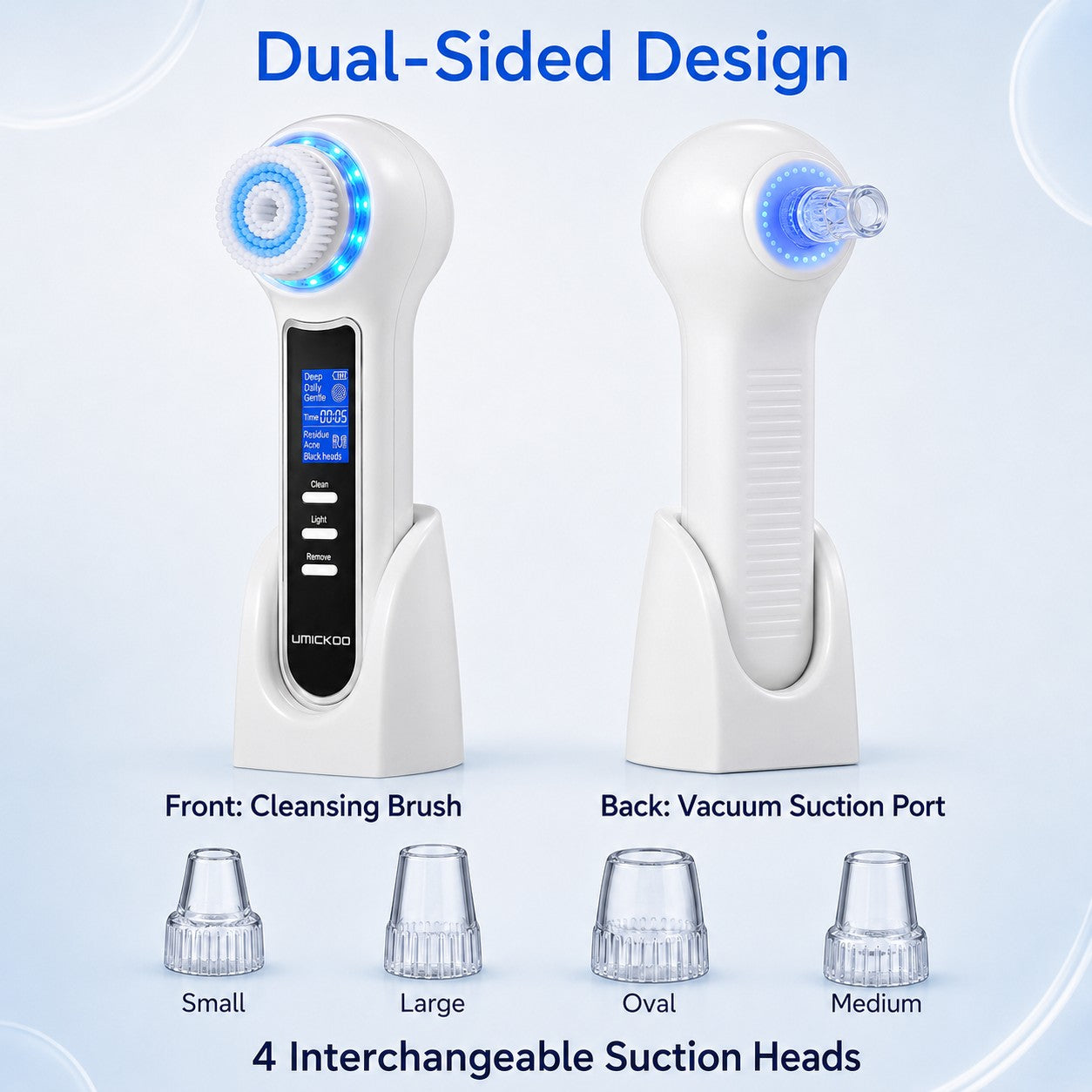 GlowPure dual-sided facial cleansing device with front cleansing brush, rear vacuum port and four interchangeable suction heads
