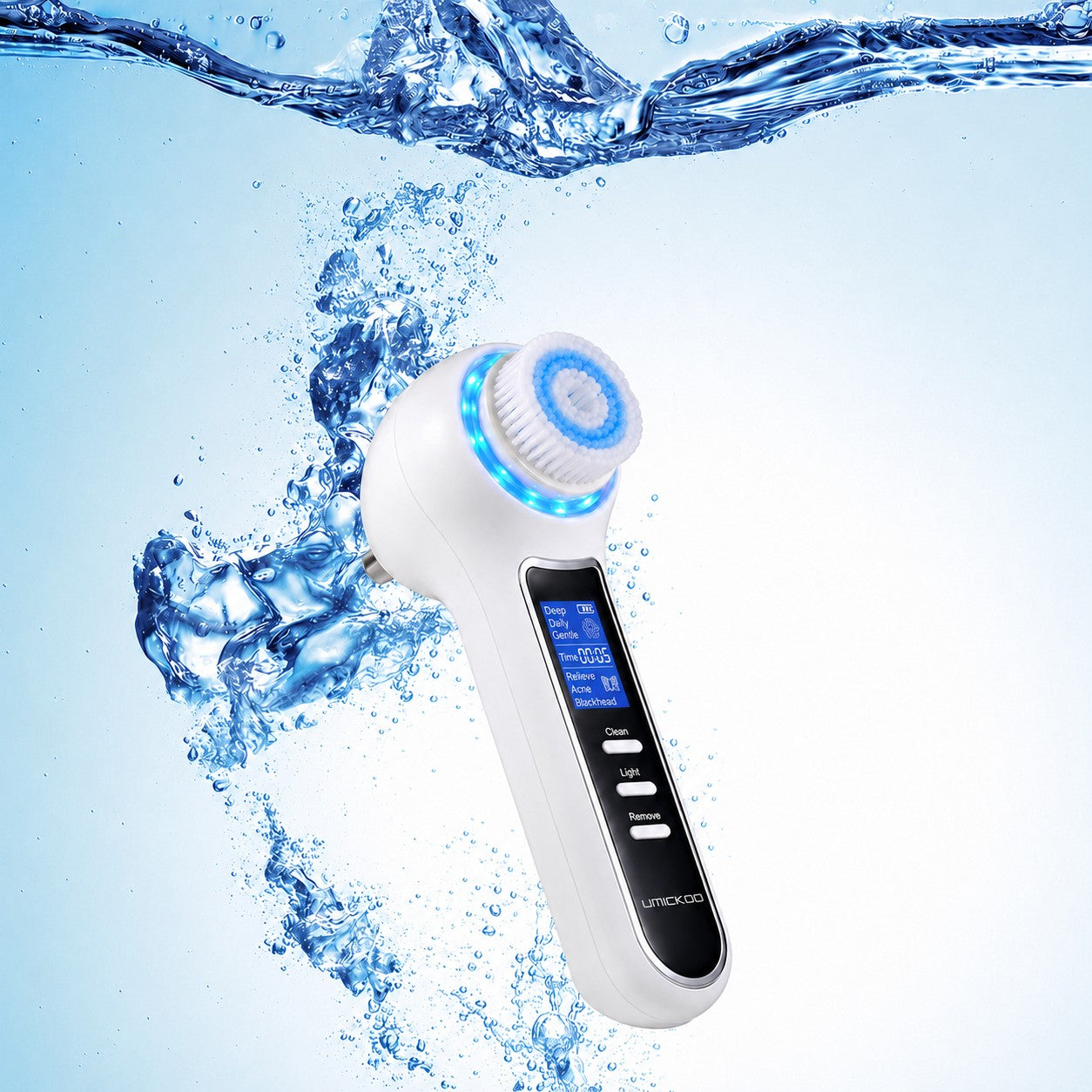 GlowPure electric facial cleansing brush with LCD display and blue water splash