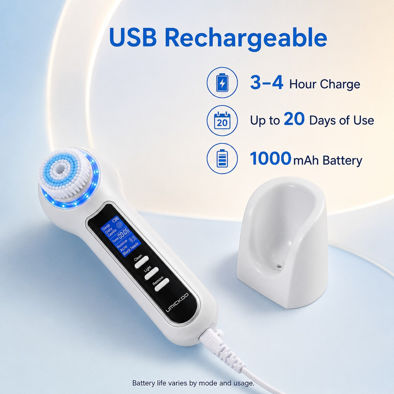 GlowPure facial cleansing device charging by USB with 1000mAh battery and charging stand