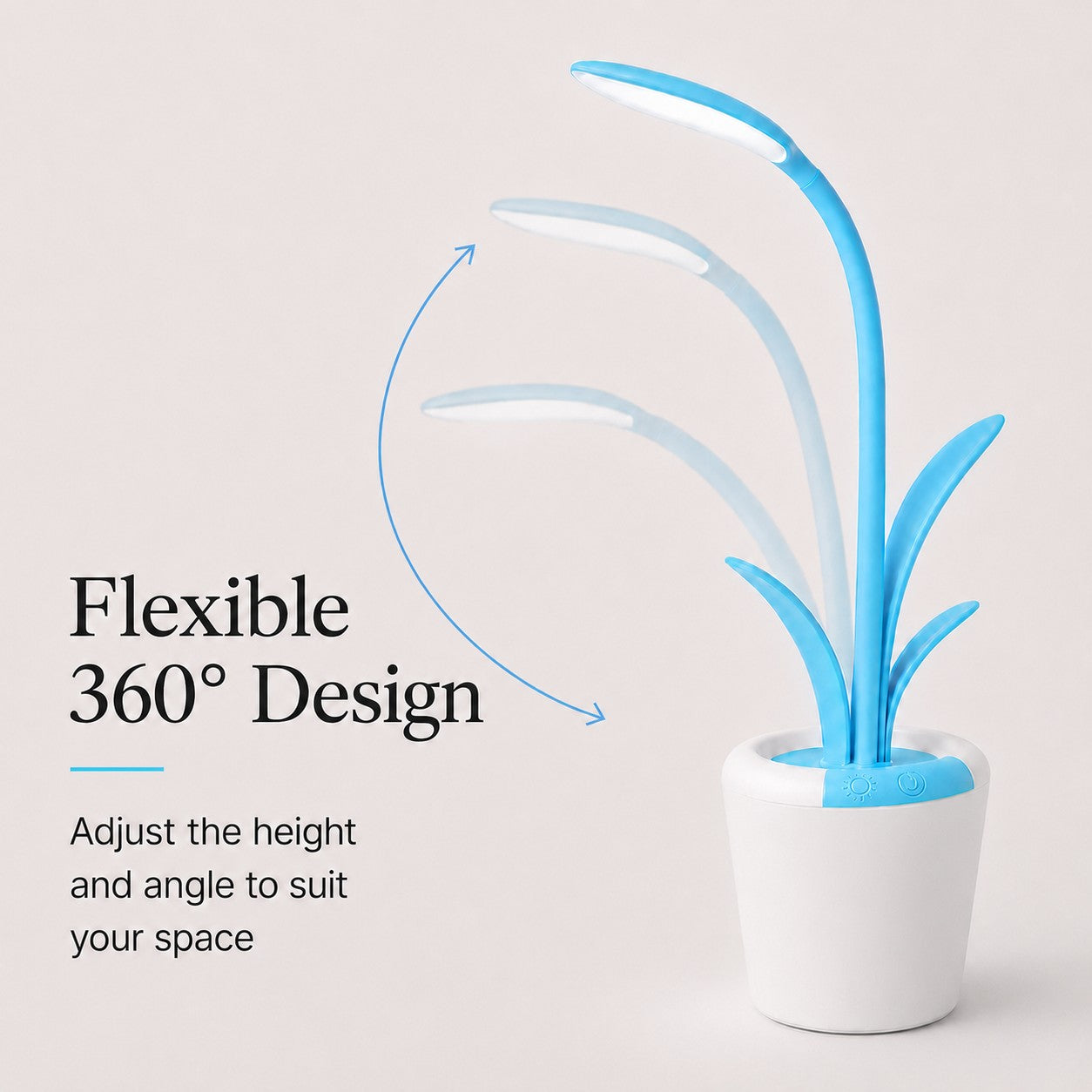 Blue LeafGlow rechargeable LED plant lamp with dual touch controls and flexible 360 degree design