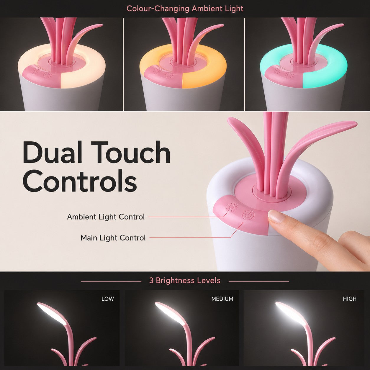 Pink LeafGlow rechargeable LED plant lamp featuring dual touch controls, colour-changing ambient light and three brightness levels