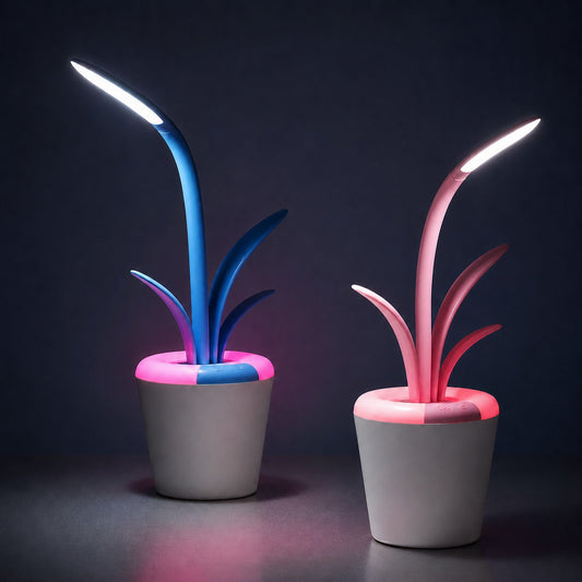 LeafGlow pink and blue rechargeable LED plant lamps glowing on a dark background