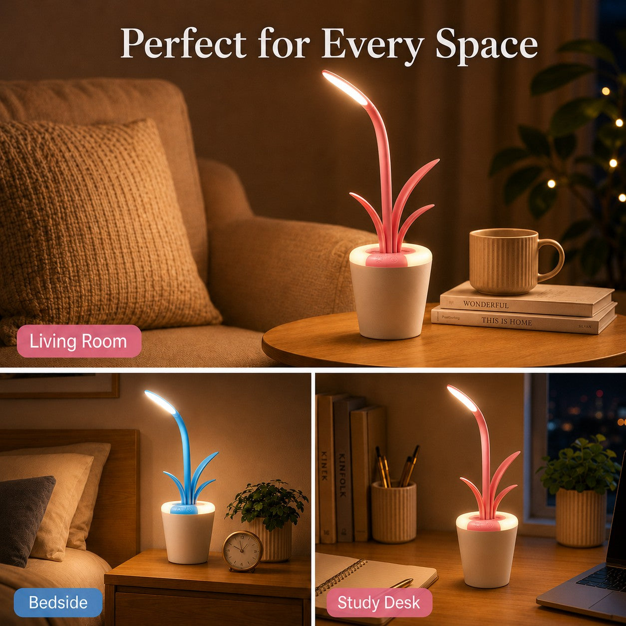 Pink and sky blue LeafGlow lamps with illuminated base rings in living room bedside and study desk settings at night