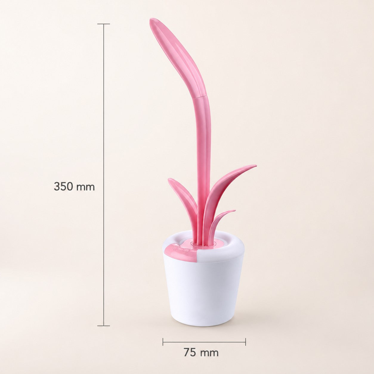 Pink LeafGlow rechargeable LED plant lamp showing 350 mm height and 75 mm base diameter