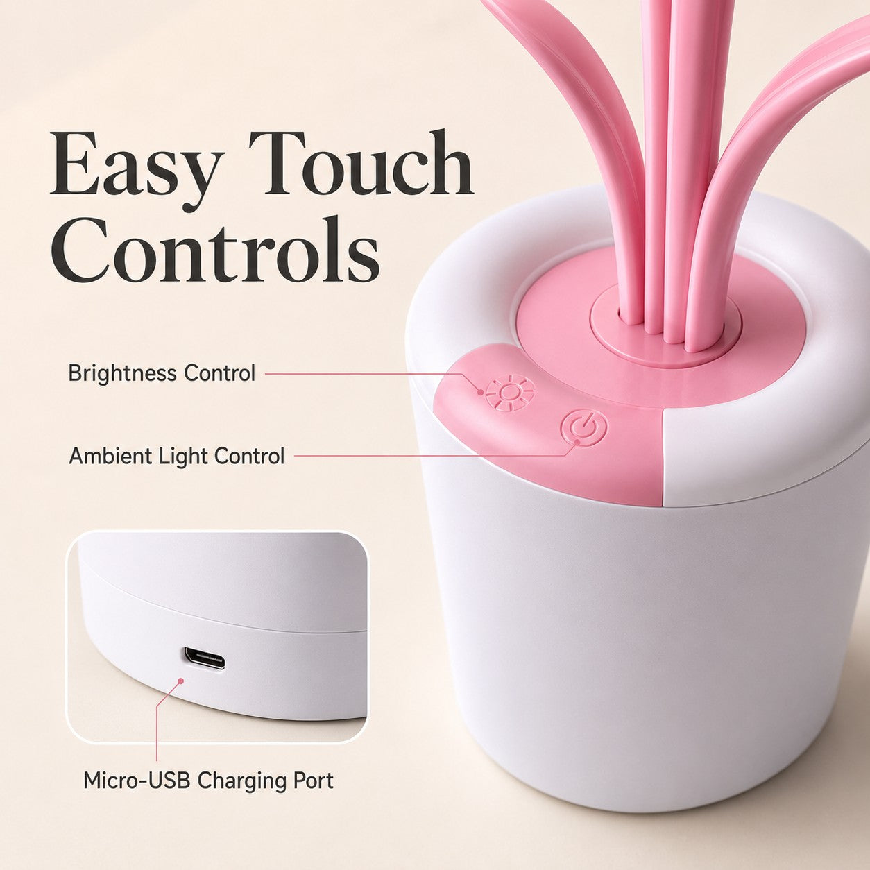 Pink LeafGlow rechargeable LED plant lamp showing dual touch controls and Micro-USB charging port