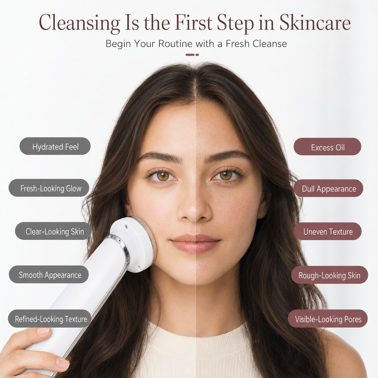 LumiTouch spokesperson demonstrating facial cleansing care with a split skin appearance comparison