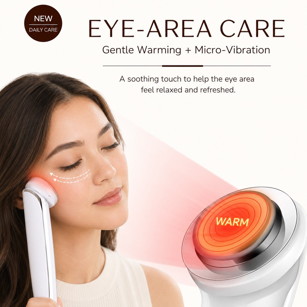 LumiTouch spokesperson using the facial care device for gentle warming and micro-vibration eye-area care