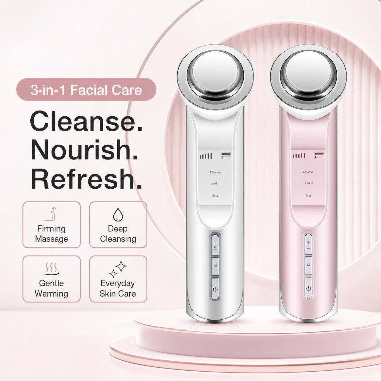 White and pink LumiTouch facial care devices with cleansing warming and massage features