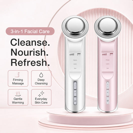 White and pink LumiTouch facial care devices with cleansing warming and massage features