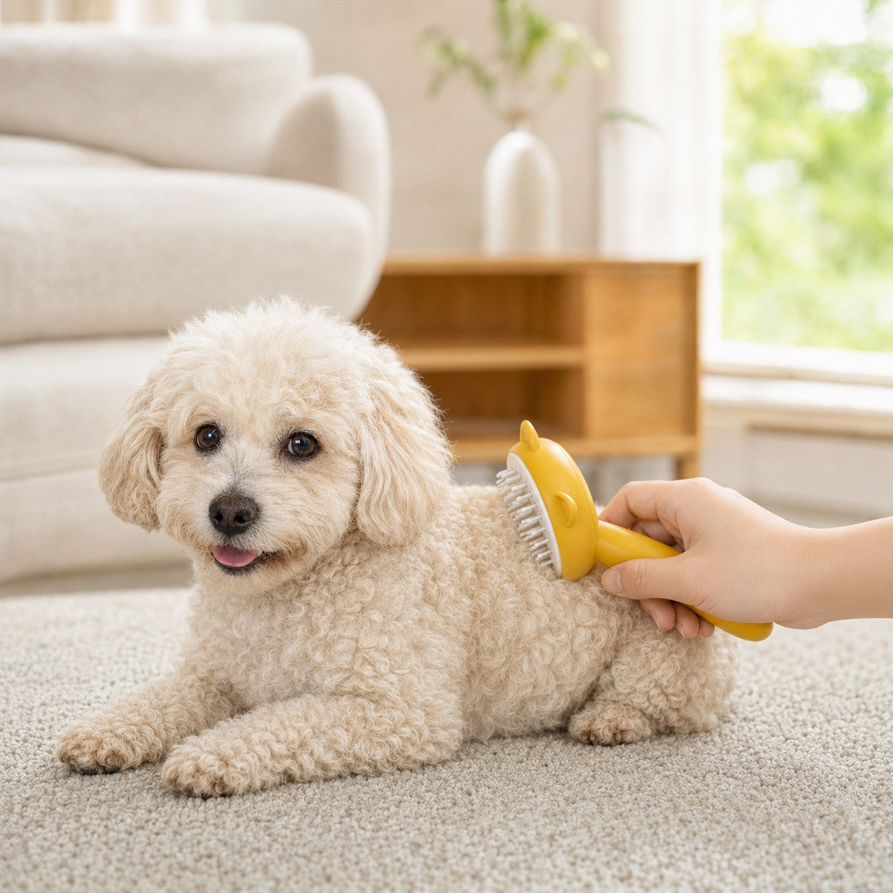 small dog being groomed with the MistyPaw mist brush