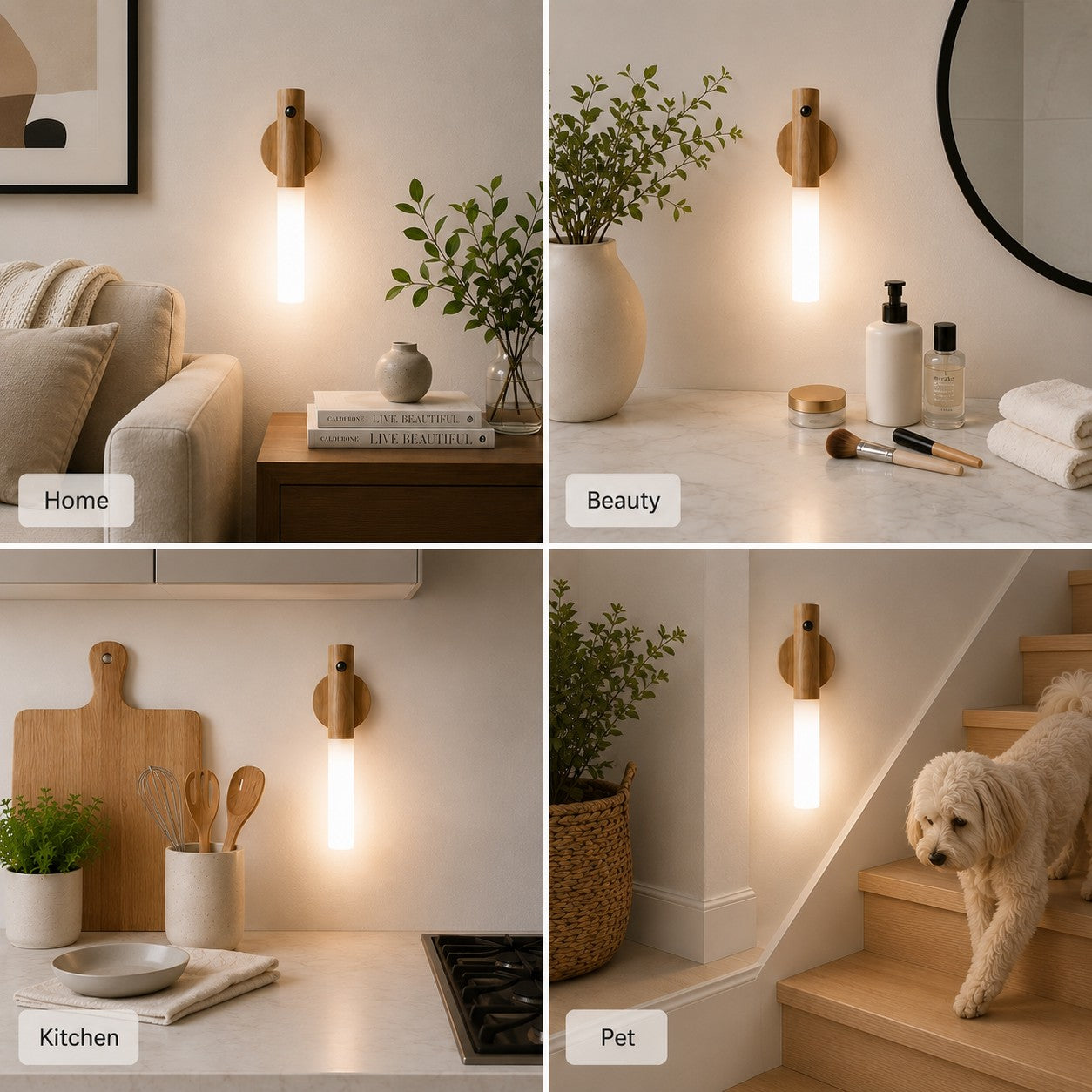 Wireless motion sensor night light for hallways, bedrooms and cabinets.