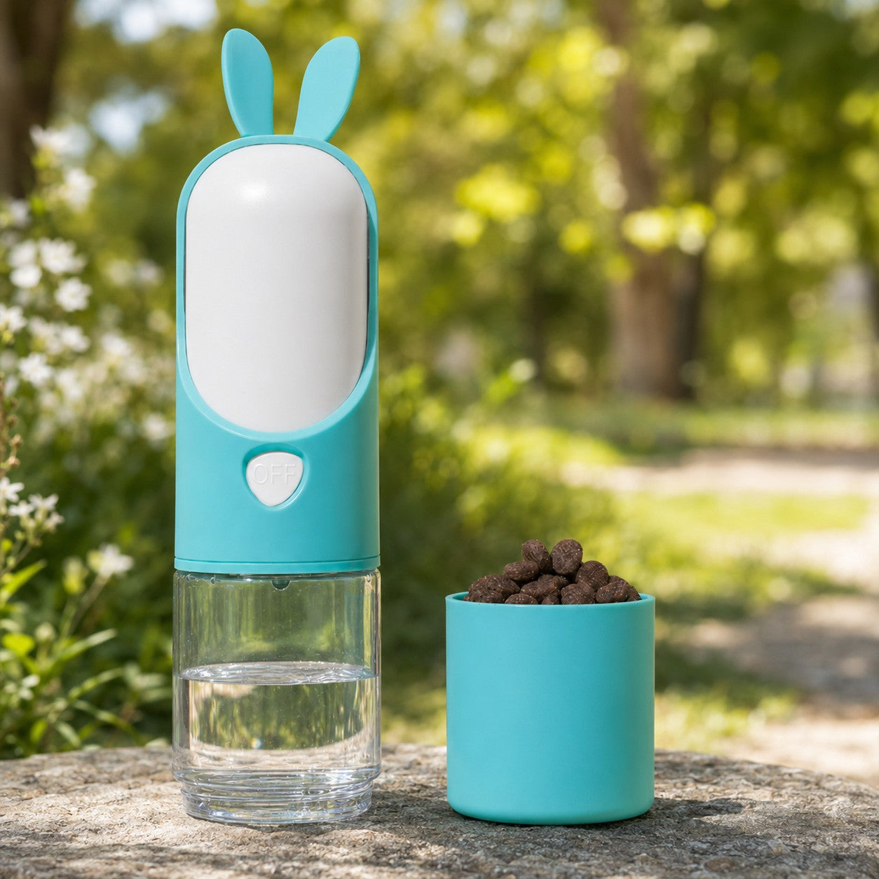 Blue PawSip portable pet water bottle and food container displayed outdoors