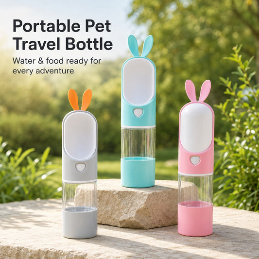 Blue, grey and pink PawSip portable pet travel bottles displayed outdoors