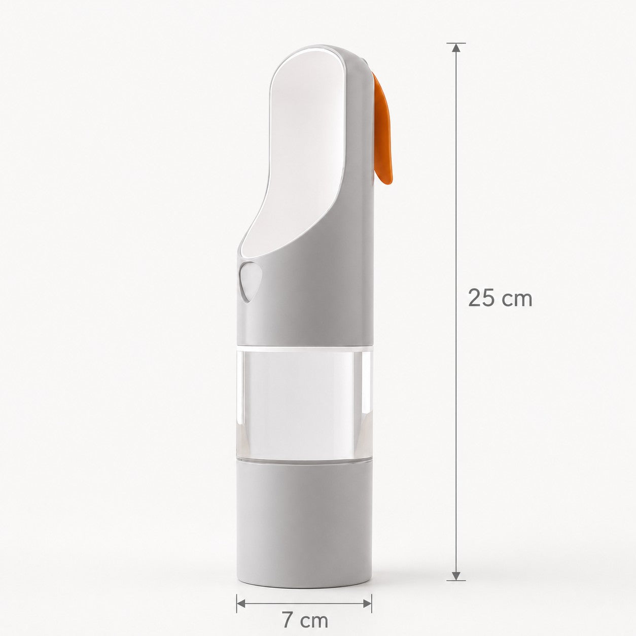 Grey PawSip portable pet water bottle size guide measuring 25 cm by 7 cm