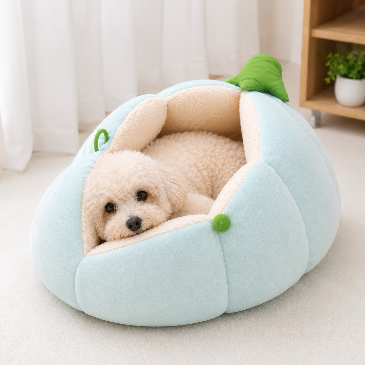 Small dog resting comfortably in the PeaPod Cozy Pet Bed