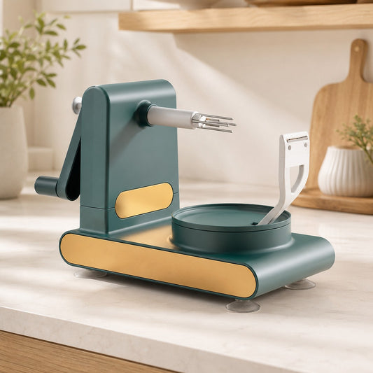 PeelSpin dark green hand-crank fruit peeler on a modern kitchen countertop