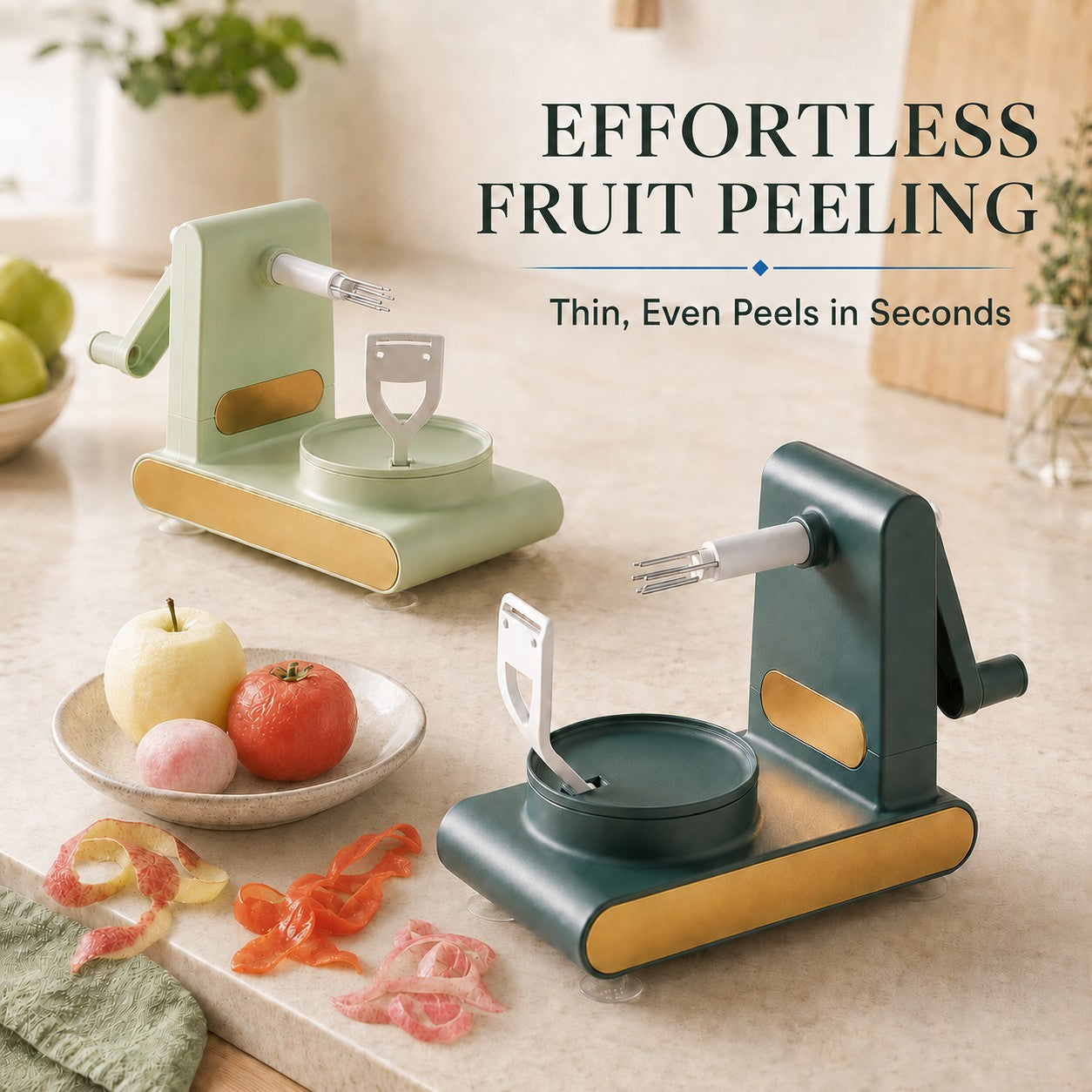 PeelSpin light green and dark green hand-crank fruit peelers with peeled apple, tomato and radish