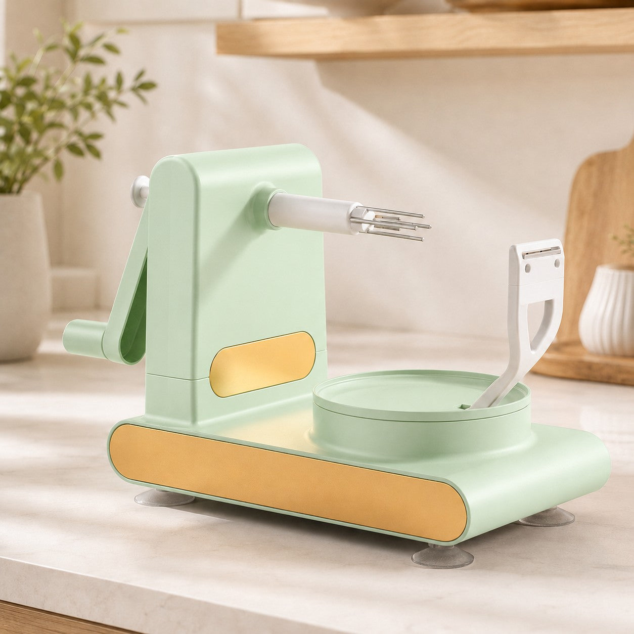 PeelSpin light green hand-crank fruit peeler on a modern kitchen countertop