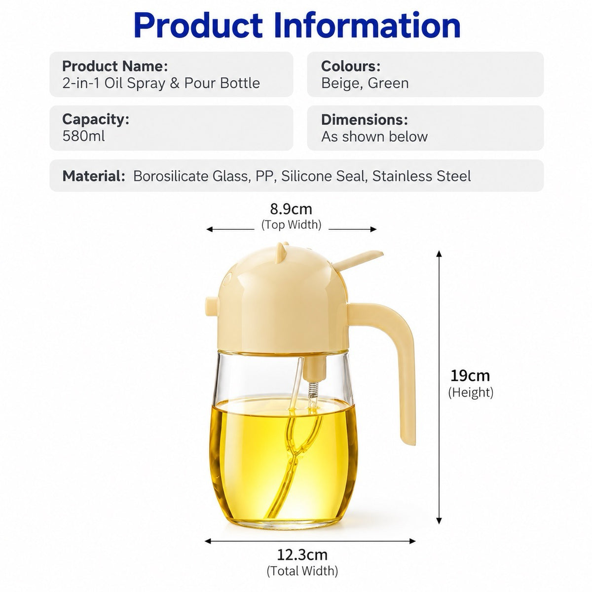 PressEase™ Automatic Oil Spray & Pour Bottle 580ml with dimensions and materials
