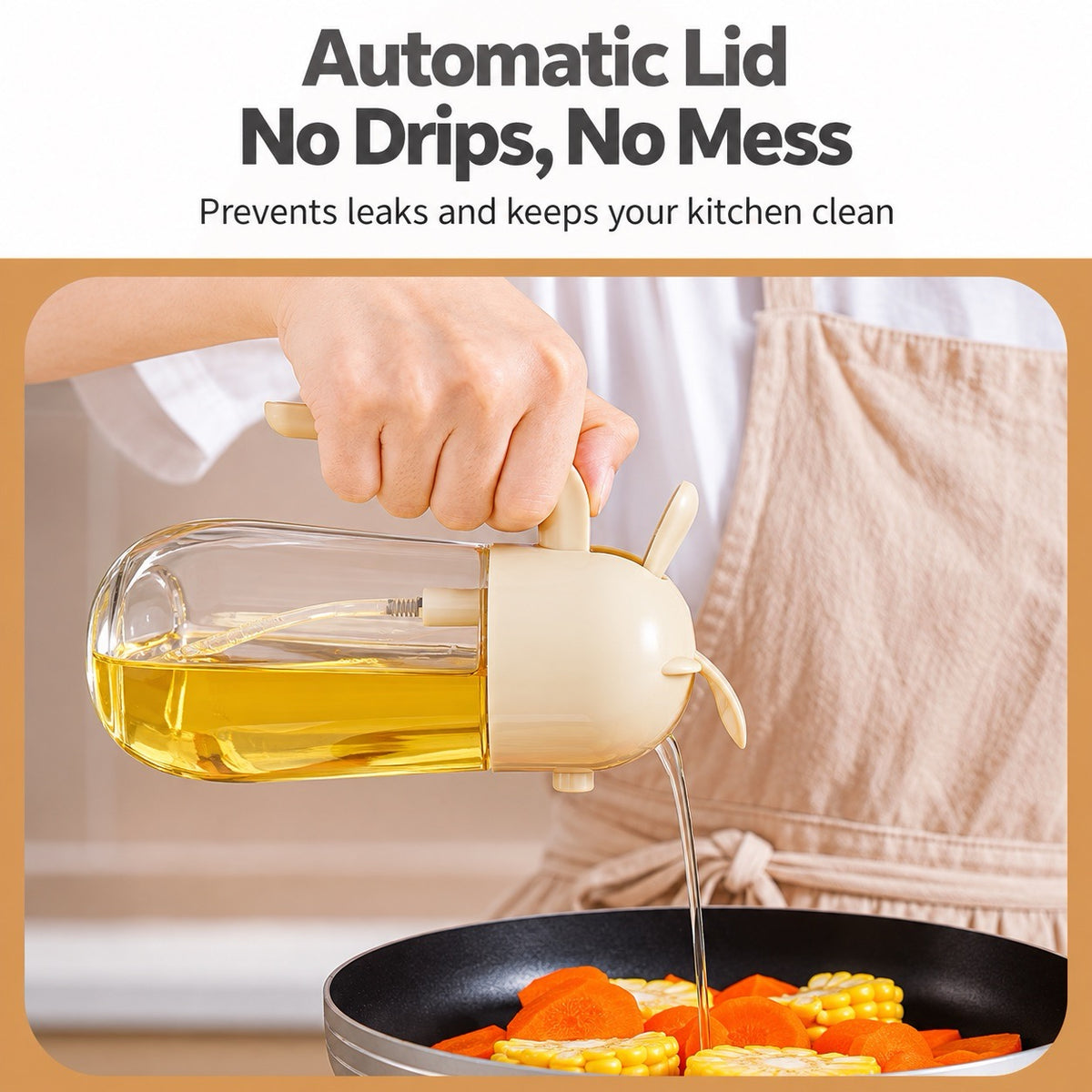 PressEase™ Automatic Oil Spray & Pour Bottle with drip-free automatic lid