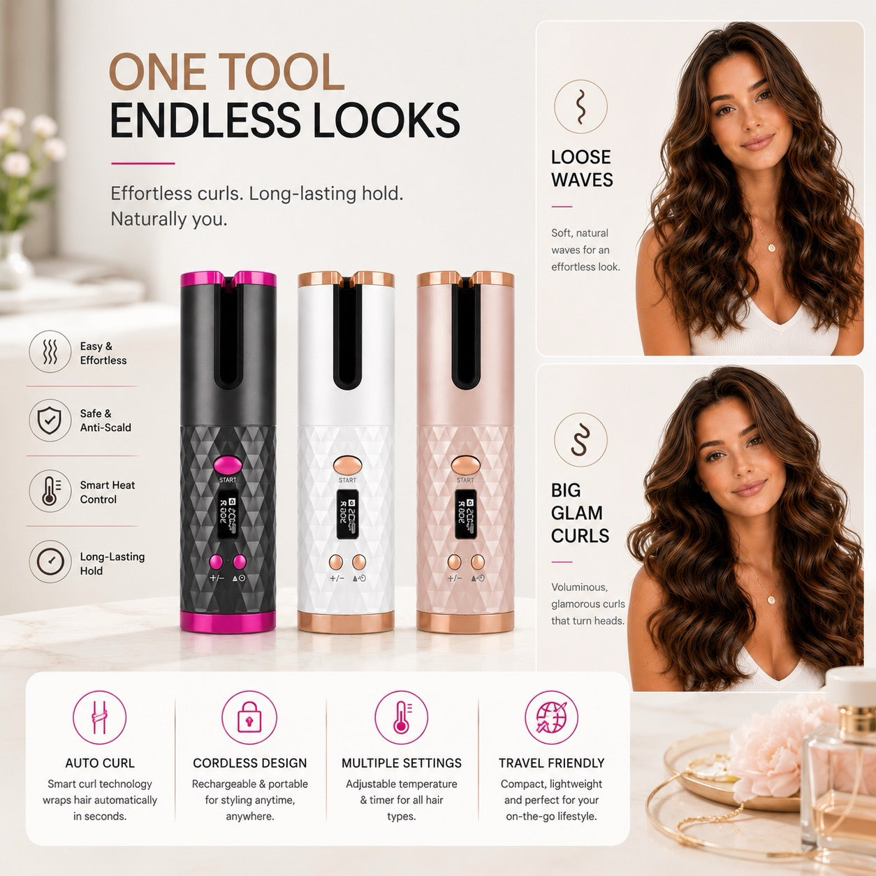 Cordless automatic hair curler with rechargeable ceramic curling technology for effortless salon-quality curls.