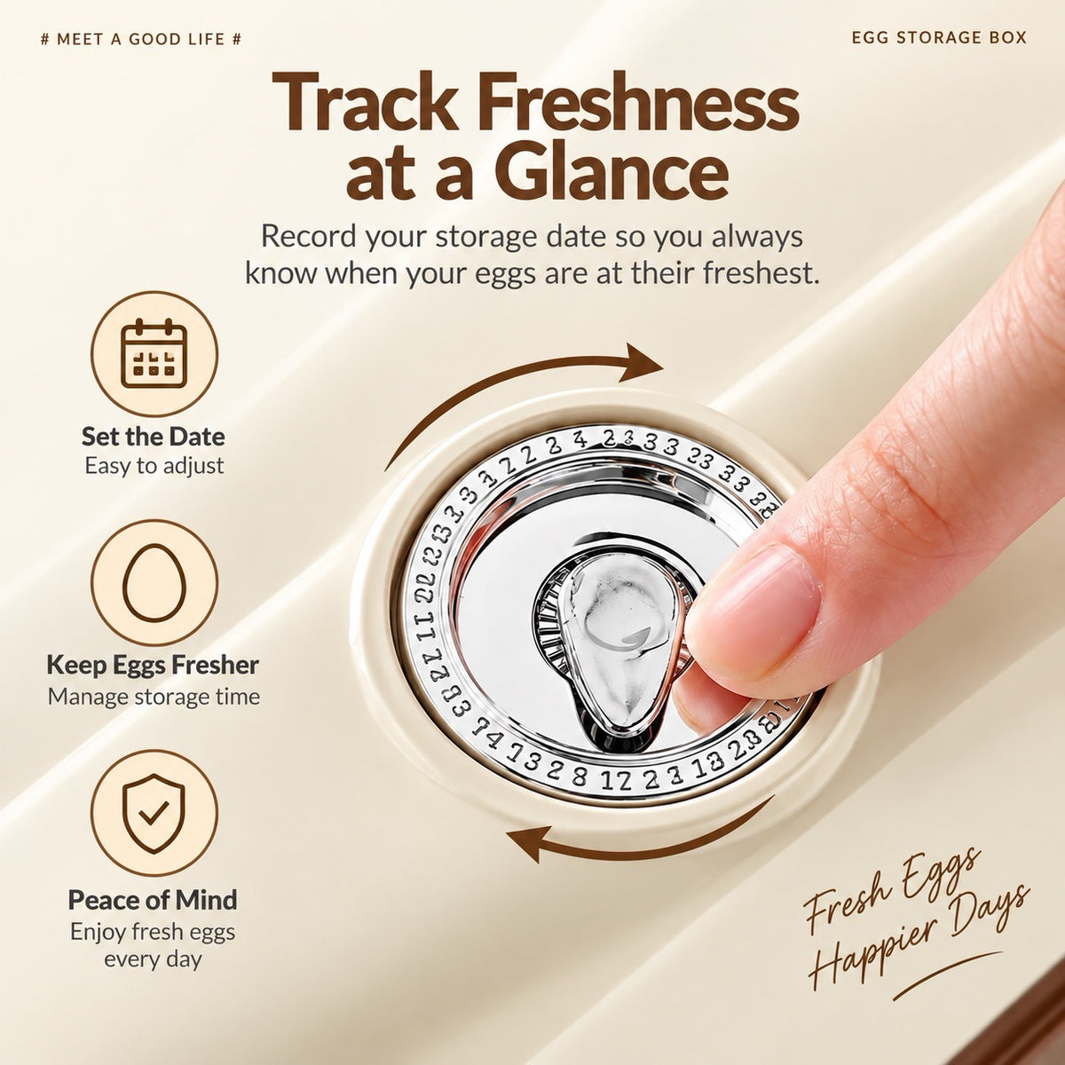 RollFresh™ egg storage box with adjustable freshness date dial for refrigerator storage