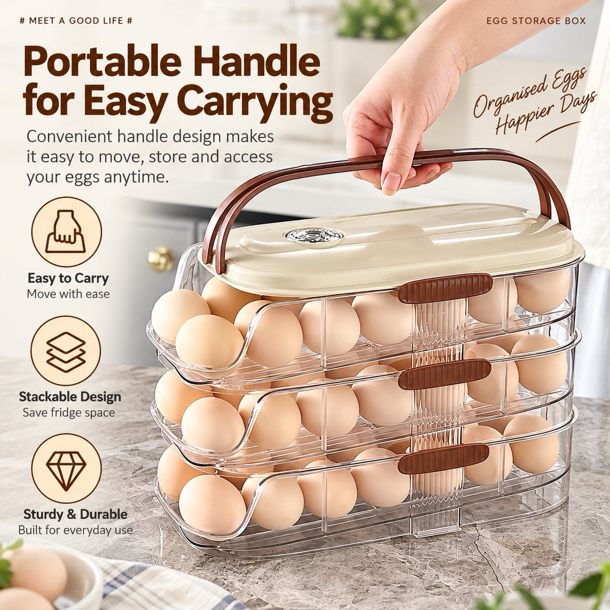 RollFresh™ stackable egg storage box with portable handle for easy refrigerator organisation