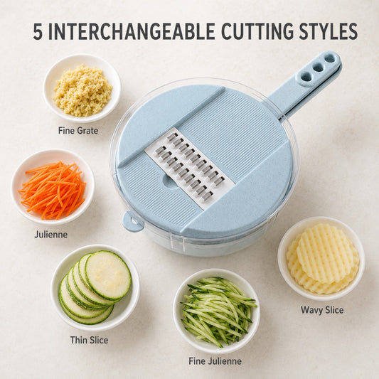 SliceMate blue vegetable slicer showing five interchangeable cutting styles
