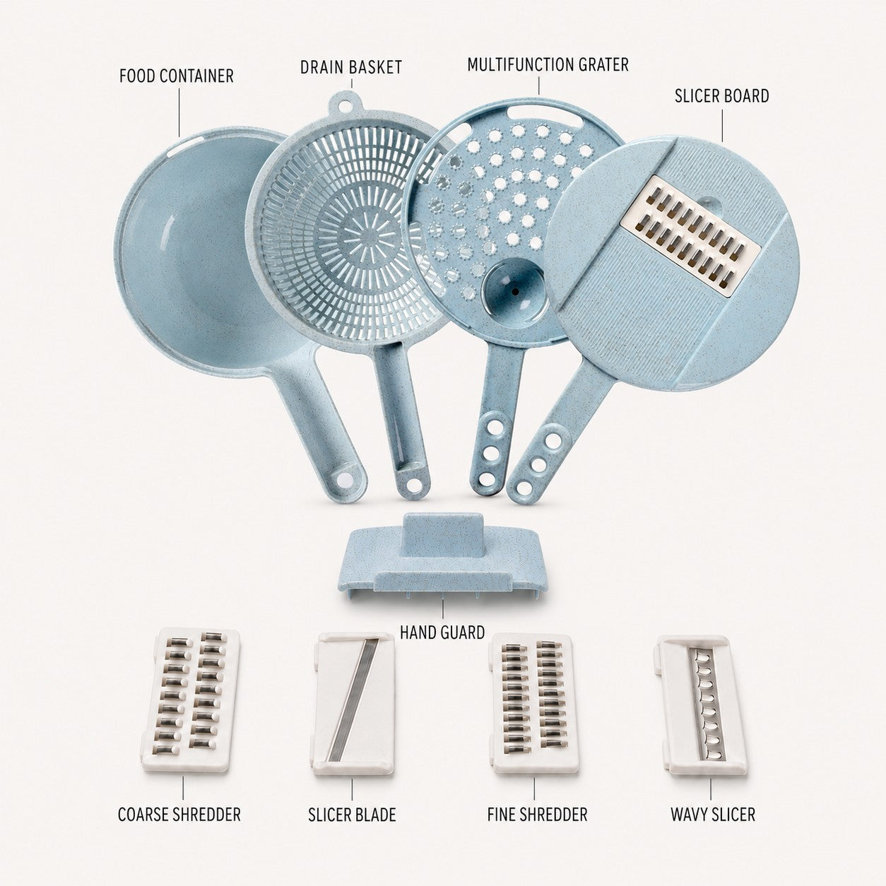 SliceMate 8-in-1 vegetable slicer with container, drain basket, grater, hand guard and four interchangeable blades