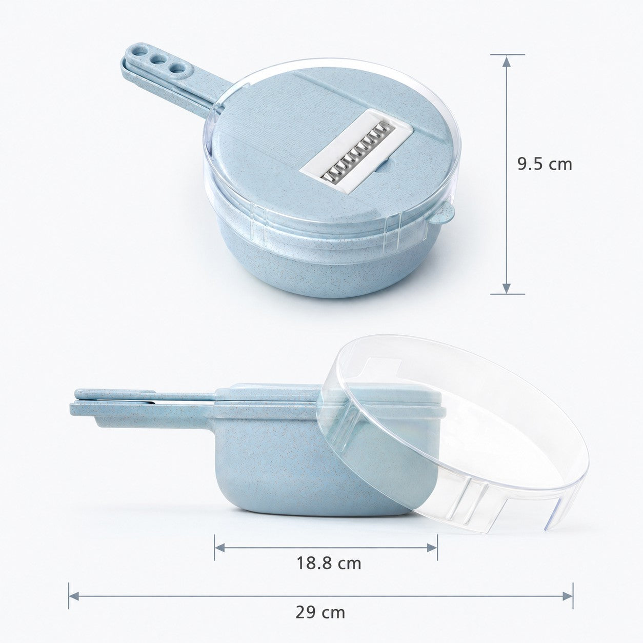 SliceMate blue vegetable slicer dimensions showing 9.5 cm height, 18.8 cm container length and 29 cm overall length