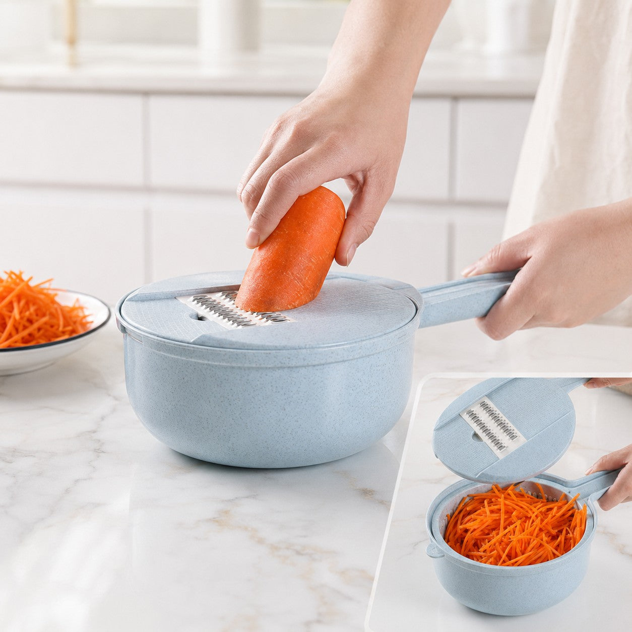 SliceMate blue vegetable slicer shredding fresh carrots into fine strips