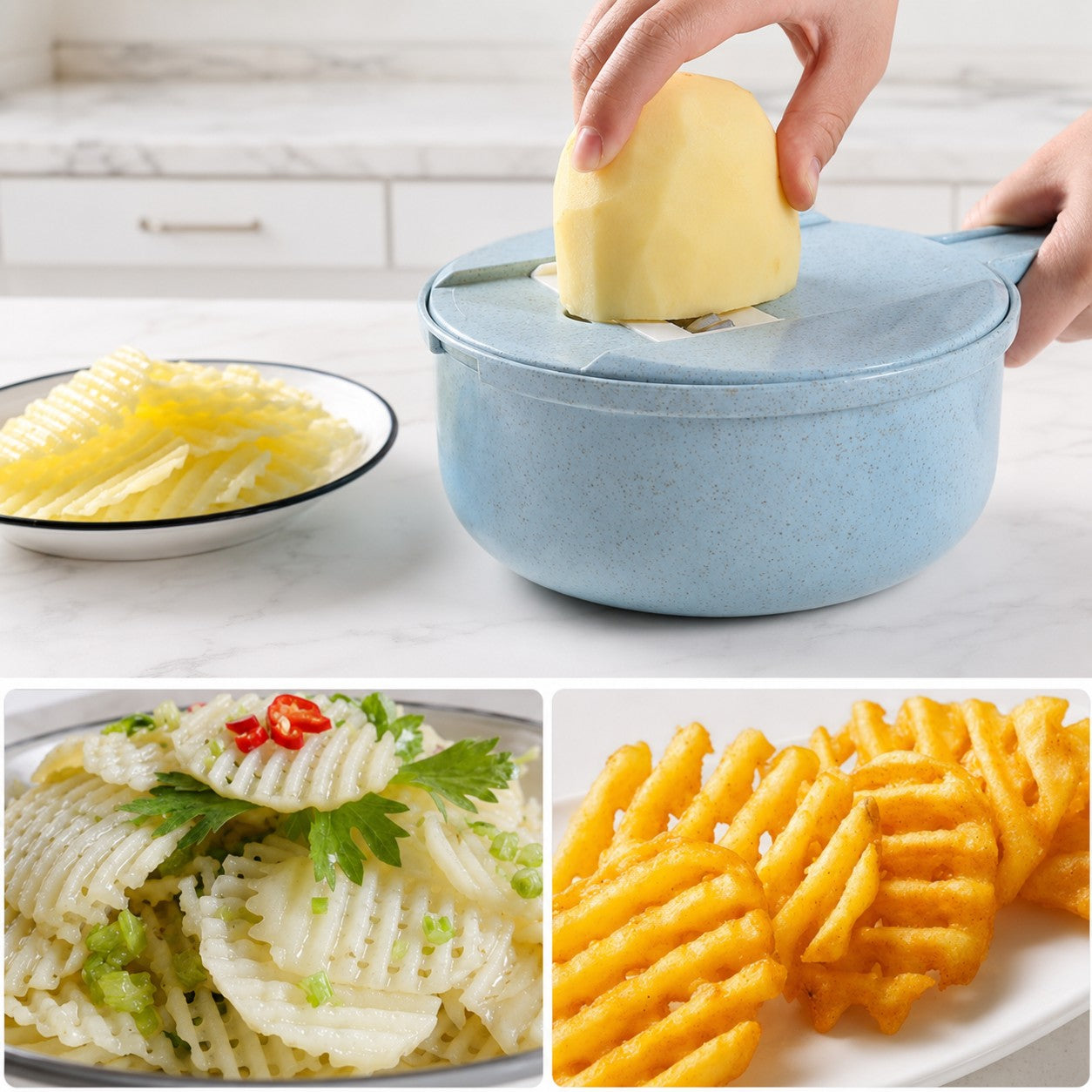 SliceMate blue vegetable slicer creating crinkle-cut potatoes for salads and fries