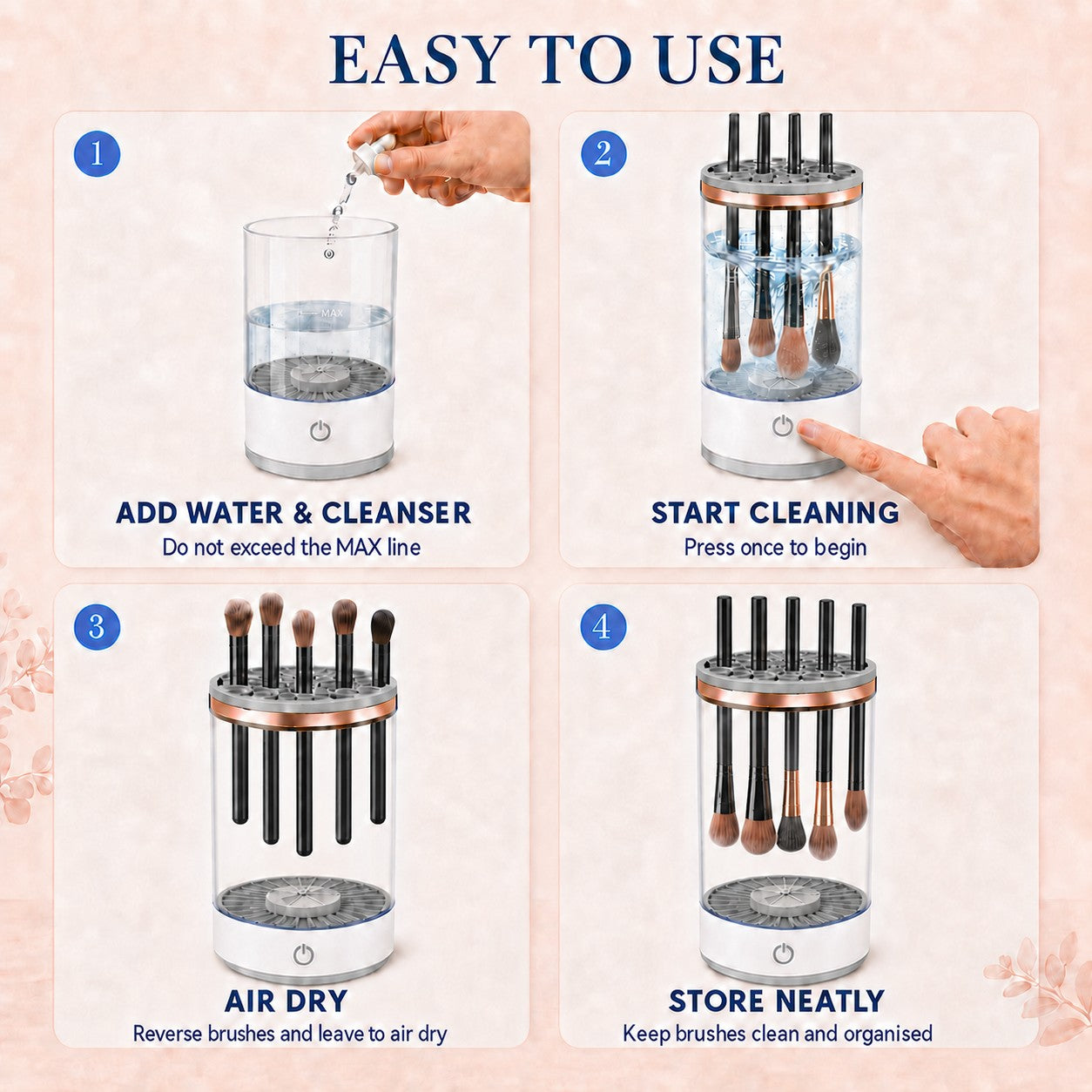 Four easy steps for using the SpinGlow automatic makeup brush cleaner