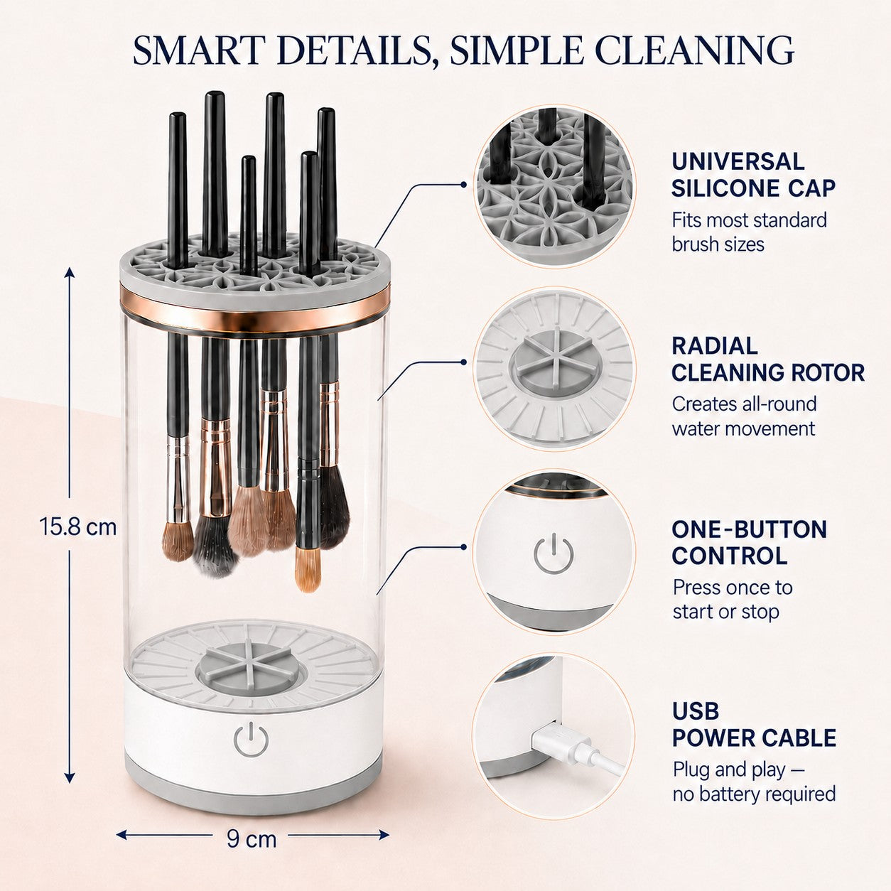 SpinGlow makeup brush cleaner featuring universal silicone cap, radial cleaning rotor, one-button control and USB power cable