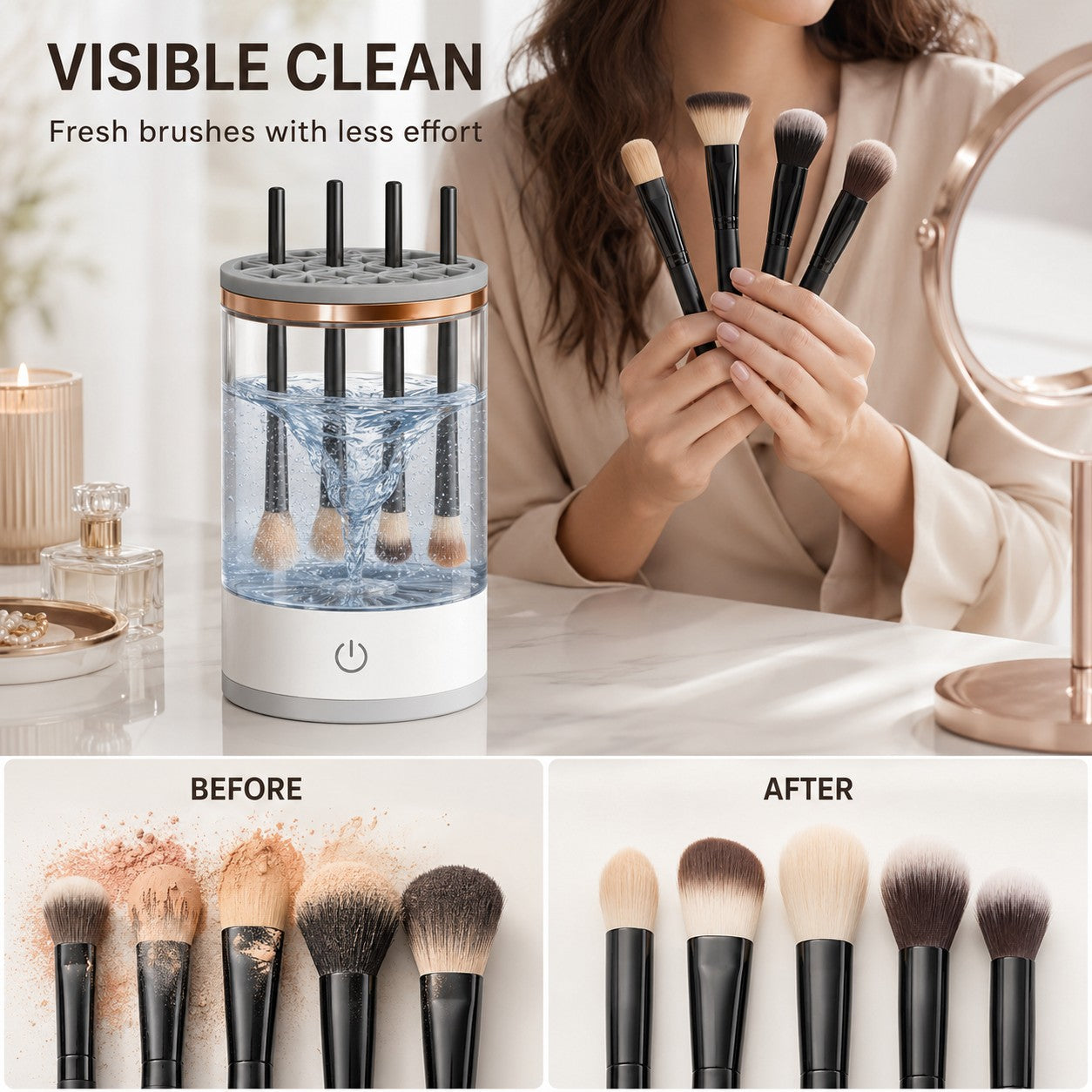SpinGlow automatic makeup brush cleaner showing dirty brushes before cleaning and fresh clean brushes after